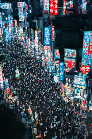 night city, top view ,Spirit Fox Pendant, people walking, realstic, neon light. high detail, high_resolution,make_3d,japan,Night view of Shibuya, Tokyo