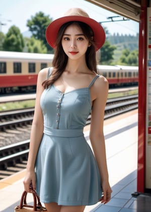 a woman standing at the train station, oriental girl, straw hat, ((sundress)), 8 k, ultra high res,(photorealistic:1.4),video art, train station in summer, travel ad, full body-n 9,((Natural Portrait)),(Top Quality, Masterpiece), Realistic, Ultra High Resolution, Complex Details, Exquisite Details and Texture(finely detailed beautiful eyes and face),(finely detailed beautiful finger and toe),(hyper extreme detailed body),((thigh gap)),((arms behind back)), Upskirt,((lifting skirt)),((skirt lift)),((knickers)),(ass visible through thighs), charming legs, Long and beautiful legs, slender woman,((Flat chested)), see through,(slender calves),(empty handed),(beautiful butt),(nipples),(pokies),(sexy),(Droptop)