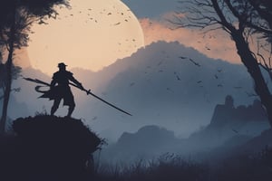 ((Silhouette:1.9)). it's too dark, without light. ((About 10 Assassins1.8)),((A swordsman wearing a wide-brimmed hat and masked About 10 assassins:1.8, crescent moon, grass. Two swordsmen are fighting among the long grass in a meadow with a crescent moon as thin as an eyebrow on a very pitch-black night in all directions1.8)). ((A swordsman flies into the air, wraps his hands around the handle of his sword, and makes a 45-degree downward slash motion. Another swordsman is making an urgent move to block the sword of another swordsman coming down1.5)). jump up and slash the sword. About 10 Assassins surround them.
There is a bit of fog around, reflecting the blue light of the black crescent moon of the swordsman striking, showing even more urgency.
((Silhouette:1.9)), distant view, 8K, gloomy, solemn, urgent, scary, speed, birds flying away in surprise,Sketch,Storyboard