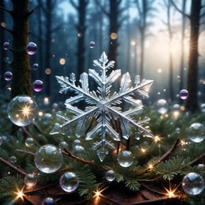 ((Extremely Realistic)) Raw shiny crystal snowflake bubbles in magical forest in night, photo, moviemaker style,cinematic moviemaker style,FilmGirl,more detail XL