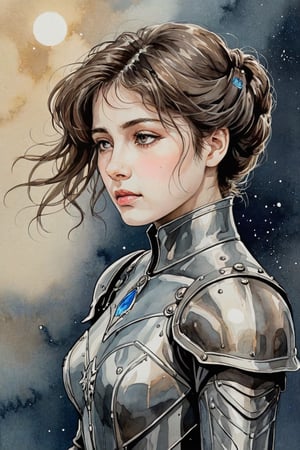 Rincivera, Cocelico, beautiful woman,  faded elegance,  melancholy aura, hauntingly captivating, stark contrast, delicate decay, line art, backlighting, wind, Stardust, watercolor, (Wind:1.2) , iron knight
,Contained Color,anica_teddy,lineart,LineAniAF,watercolor,ink