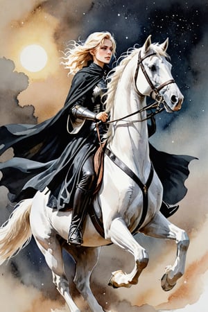 beautiful woman,  faded elegance,  melancholy aura, hauntingly captivating, stark contrast, delicate decay, line art, backlighting, wind, Stardust, watercolor, (Wind:1.2) ,sword sword knight riding a white horse, black cloak,
,Contained Color,anica_teddy,lineart,LineAniAF,watercolor,ink