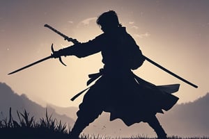 Silhouette. Two swordsmen are fighting among the long grass in a meadow with a thin crescent moon floating like an eyebrow on a dark night all around. One swordsman flies into the air and strikes his sword 45 degrees downward with both hands, and the other swordsman swings his sword downwards at 45 degrees with both hands. The swordsman is making an urgent movement to block the sword of another swordsman coming down.
There is a bit of fog around, reflecting the blue light of the falling black crescent moon.
Silhouette, 8K, gloomy, solemn, urgent, scary,