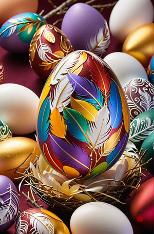 Easter eggs designed with honeysuckle and swirl patterns in a harmonious mix of rainbow colors,
A pile of tiny golden twigs and many white feathers cover the egg from the bottom as if protecting it.
The egg shines even brighter due to the intense lighting that illuminates the egg on a dark red and golden background.

Ultra-clear, Ultra-detailed, ultra-realistic, ultra-close up