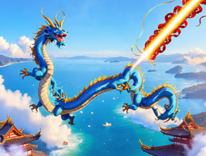 asian blue dragon flying in the sky flying in the sky,Asian blue dragon flying across the vast ocean horizon, epic daylight, solo, dynamic angle,aw0k euphoric style,Text(“Welcome 2024”) is written in gold at the top left of the screen.
Firecrackers explode in the background.