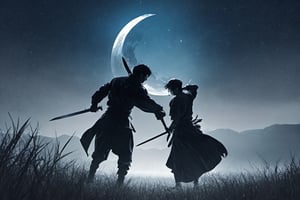 Silhouette. Two swordsmen are fighting among the long grass in a meadow with a thin crescent moon floating like an eyebrow on a dark night all around. One swordsman flies into the air and makes a downward motion with his sword, and the other swordsman comes down. He is making an urgent move to block the sword by striking upward at the swordsman.
There is a bit of fog around, reflecting the blue light of the falling black crescent moon.
Silhouette, 8K, UHD, gloomy, solemn, urgent, scary,