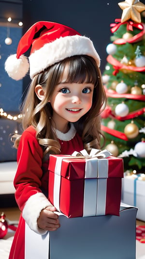Embrace the festive spirit with this heartwarming prompt: "Illustrate a charming scene of a cute little girl adorned in a Christmas-style hat and dress, holding a gift with anticipation. Capture the innocence and joy in her eyes as she looks directly at the viewer, ready to present the gift. Encourage artists to bring to life the warmth and magic of the moment, creating a visually enchanting image that embodies the joy and generosity of the holiday season.,Santa Claus,Cyberpunk,Matrix,room2
