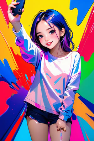 young girl, adolescent, energetic, joyous, selfie, taking selfie, phone camera app, outline, angle downwards, v shape hand pose, cute, adorable, sexy, suggestive outfit, paint splash background, vibrant paint, high contrast, abstract, volumetric light, high quality, detailed, masterpiece