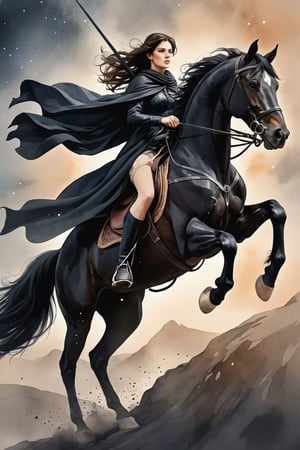 beautiful woman,  faded elegance,  melancholy aura, hauntingly captivating, stark contrast, delicate decay, line art, backlighting, wind, Stardust, watercolor, (Wind:1.2) ,lancer riding a black horse, black cloak,The posture of holding a spear at one's side and thrusting forward for a long time
,Contained Color,anica_teddy,lineart,LineAniAF,watercolor,ink