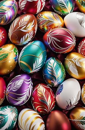 Easter eggs designed with honeysuckle and swirl patterns in a harmonious mix of rainbow colors,
Gold and silver threads are bundled together and wrapped from the bottom of the egg, as if protecting it, along with many white feathers.
The egg shines even brighter due to the intense lighting that illuminates the egg on a dark red and golden background.

Ultra-clear, Ultra-detailed, ultra-realistic, ultra-close up