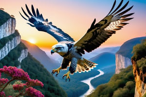 (masterpiece:1.2, highest quality), (realistic, photo_realistic:1.9), ((Photoshoot)), A harpy eagle leisurely flying through a valley made of beautiful cliffs. A view from above of a flying harpy eagle, Menacing feet wide open as if hunting prey,
2 harpy eagle flying, attacking a mouse, (detailed background), (gradients), detailed colorful landscape, key visual, glowing skin.
beautiful and forest, stunning trees and flowers, stunning sunset. Medium shot. action camera. Portrait film. standard lens Golden hour lighting. very Distant view, 
8k, UHD, high quality, frowning, intricate detailed, highly detailed, hyper-realistic,(Circle:1.4),cyborg style