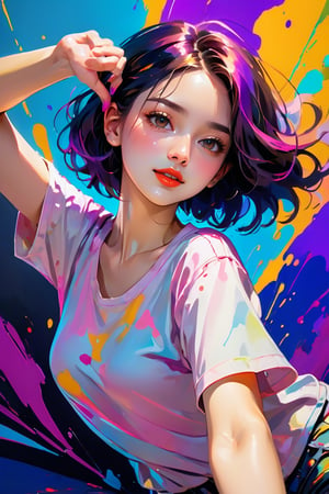 young girl, adolescent, energetic, joyous, selfie, outline, angle downwards, v shape hand pose, cute, adorable, sexy, dance, suggestive outfit, paint splash background, vibrant paint, high contrast, abstract, volumetric light, high quality, detailed, masterpiece,girl,xxmix_girl