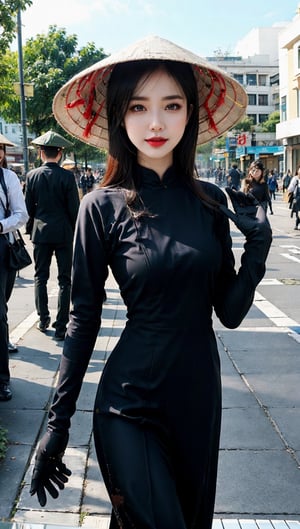 JinxLol,mature female,1girl, solo,looking at viewer, gloves, fingerless gloves, Ao Dai,Nón Lá, Nón, Leaf hats,
character name, looking at viewer, outdoors,lora:JinxLolEp8dim8:1, lora:JinxLol:1,Vietnamese Ao Dai, JeeSoo ,futureaodai,hat,vnbeauty,The background is Ho Chi Minh City's traveler's street.