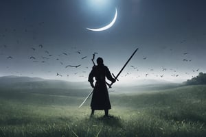 ((Silhouette1.8)). it's too dark, ((A swordsman wearing a wide-brimmed hat and masked About 10 assassins:1.8, crescent moon, grass. Two swordsmen are fighting among the long grass in a meadow with a crescent moon as thin as an eyebrow on a very pitch-black night in all directions1.8)). ((A swordsman flies into the air, wraps his hands around the handle of his sword, and makes a 45-degree downward slash motion. Another swordsman is making an urgent move to block the sword of another swordsman coming down1.5)). jump up and slash the sword. About 10 Assassins surround them.
There is a bit of fog around, reflecting the blue light of the black crescent moon of the swordsman striking, showing even more urgency.
Silhouette, distant view, 8K, gloomy, solemn, urgent, scary, speed, birds flying away in surprise,Sketch
