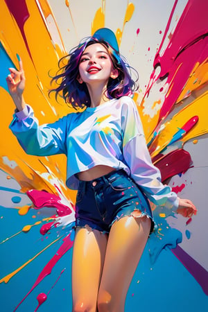 young girl, adolescent, energetic, joyous, selfie, outline, angle downwards, v shape hand pose, cute, adorable, sexy, dance, suggestive outfit, paint splash background, vibrant paint, high contrast, abstract, volumetric light, high quality, detailed, masterpiece,girl,xxmix_girl