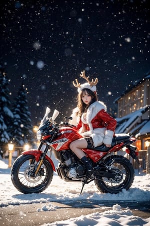 Outdoors, snowing, mountain road with blowing snow, beautiful girl in sexy christmas outfit, sitting on the back of a deer,Christmas gifts are scattered on the ground, ((looks at camera)), high resolution, highly detailed, looking at viewer, sexy appearance, posing for Photoshoot, girl, sexy christmas outfit, 1 girl, 1 Rudolph , reality, sntdrs, snowflakes, very sharp, heavy snow, Rudolph the deer with its horn cut off watches from the side of Santa Girl., christmas,realistic,ChristmasDecorativeStyle,Snow,Snowflakes