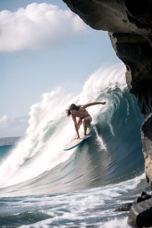 1 beauty girl, surfing, sea far from the coast, Surfingboard, Beautiful 22 year old woman riding a surfboard in high wavescentered, surfing dynamically, Sense of speed and urgency,photography, raw photo, cozy beach, huge waves, Waves curled up like a cave, Ride the board against the waves and come down with incredible speed, stable posture, Escape sideways from the wave cave, aesthetic vibe, ilumination, blue and pink color shade,  bokeh, depth of field, ,JeeSoo ,Sexy_attire ,SEE THROUGH,((Rocks and land are not visible and only sea water is displayed on the screen1.8))