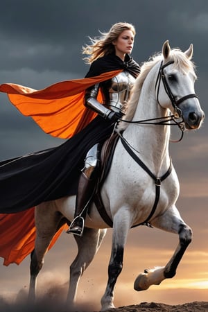 1 beautiful woman,  faded elegance, mournful atmosphere,  beauty, melancholy aura, hauntingly captivating, stark contrast, delicate decay, line art, backlighting, wind, backlighting, Stardust,(Wind:1.2) , black cloak, sword knight riding a white horse, Orange Blood
,Contained Color,anica_teddy,photo r3al
