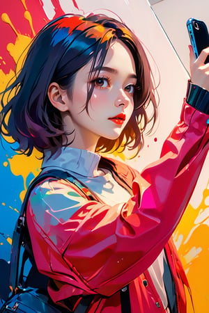 young girl, adolescent, energetic, joyous, selfie, taking selfie, phone camera app, outline, angle downwards, v shape hand pose, cute, adorable, sexy, suggestive outfit, paint splash background, vibrant paint, high contrast, abstract, volumetric light, high quality, detailed, masterpiece,girl,xxmix_girl