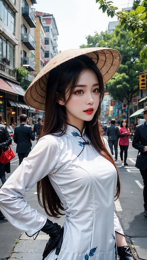 JinxLol,mature female,1girl, solo,looking at viewer, gloves, fingerless gloves, Ao Dai,Nón Lá, Nón, Leaf hats,
character name, looking at viewer, outdoors,lora:JinxLolEp8dim8:1, lora:JinxLol:1,Vietnamese Ao Dai, JeeSoo ,futureaodai,hat,vnbeauty,The background is Ho Chi Minh City's traveler's street.