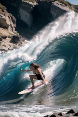 1 beauty girl, surfing, Surfingboard, Beautiful 22 year old woman riding a surfboard in high wavescentered, photography, raw photo, cozy beach, huge waves, Waves curled up like a cave, Ride the board against the waves and come down with incredible speed, stable posture, Escape sideways from the wave cave, aesthetic vibe, ilumination, blue and pink color shade,  bokeh, depth of field, ,JeeSoo ,Sexy_attire ,SEE THROUGH