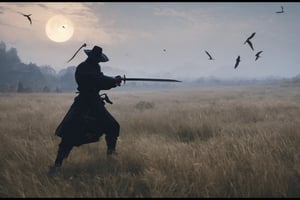 ((Silhouette:1.9)). it's too dark, without light. ((About 10 Assassins1.8)),((A swordsman wearing a wide-brimmed hat and masked About 10 assassins:1.8, crescent moon, grass. Two swordsmen are fighting among the long grass in a meadow with a crescent moon as thin as an eyebrow on a very pitch-black night in all directions1.8)). ((A swordsman flies into the air, wraps his hands around the handle of his sword, and makes a 45-degree downward slash motion. Another swordsman is making an urgent move to block the sword of another swordsman coming down1.5)). jump up and slash the sword. About 10 Assassins surround them.
There is a bit of fog around, reflecting the blue light of the black crescent moon of the swordsman striking, showing even more urgency.
((Silhouette:1.9)), distant view, 8K, ((gloomy, solemn, urgent, scary, speed:1.5)), birds flying away in surprise,Sketch,Storyboard