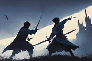 ((Silhouette1.8)). ((Two swordsmen, crescent moon, grass. Two swordsmen are fighting among the long grass in a meadow with a crescent moon as thin as an eyebrow on a dark night in all directions1.8)). ((One swordsman flies into the air and makes a downward motion with his sword at a 45 degree angle with both hands, while the other swordsman makes an urgent motion to block the other swordsman's sword as it comes down1.5)).
There is a bit of fog around, reflecting the blue light of the black crescent moon of the swordsman striking, showing even more urgency.
Silhouette, 8K, gloomy, solemn, urgent, scary, birds flying away in surprise,distant view