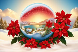 super fine illustration,masterpiece, best quality, finely detail, Depth of field, 4k, heavy snow christmas island in globe, heavy snow, red and white colors based, wallpaper,bluesky,wind,insanely detailed frills,extremely detailed lace,BLUE SKY,There are many scattered luminous petals,Hidden in the light yellow flowers,Depth of field, Many flying drops of water, angle ,contour deepening,cinematic angle ,{{{Classic decorative border}}},photo r3al,poinsettia,lofi,Hexagonal snow,free-hand