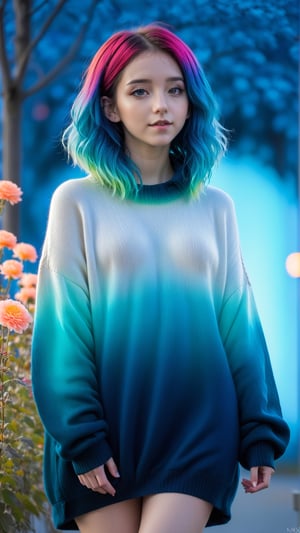 illustrator, anime , full body, realistic , sketch , 1girl, ,lip, Sweater,order, Blue gradient background, Neon hair,Textured crop, Canadian, (masterpiece,best quality) wearing wooly long dress and coat,  full body, flowers bloom and lighting bokeh as background,xxmix_girl