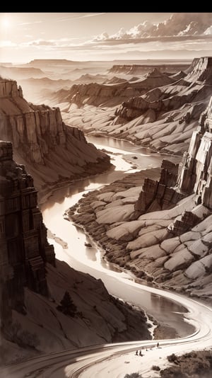 (masterpiece,best quality,ultra-detailed,8K,intricate, realistic),oil painting of death valley | grand canyon,monsters scattered in canyon,view from a distance,drawing by frank frazetta,color by peter mohrbacher,(colorful),wide shot,Sketch