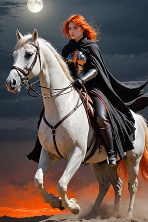 1 beautiful woman,  faded elegance, mournful atmosphere,  beauty, melancholy aura, hauntingly captivating, stark contrast, delicate decay, line art, backlighting, wind, backlighting, Stardust,(Wind:1.2) , black cloak, sword knight riding a white horse, Orange Blood
,Contained Color,anica_teddy