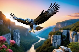 (masterpiece:1.2, highest quality), (realistic, photo_realistic:1.9), ((Photoshoot)), A harpy eagle leisurely flying through a valley made of beautiful cliffs. A view from above of a flying harpy eagle,
2 harpy eagle flying, attacking a mouse, (detailed background), (gradients), detailed colorful landscape, key visual, glowing skin.
beautiful and forest, stunning trees and flowers, stunning sunset. Medium shot. action camera. Portrait film. standard lens Golden hour lighting. Distant view
8k, UHD, high quality, frowning, intricate detailed, highly detailed, hyper-realistic,(Circle:1.4),cyborg style