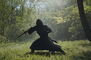 ((Silhouette:1.9)). it's too dark, About 10 Assassins,((A swordsman wearing a wide-brimmed hat and masked About 10 assassins:1.8, crescent moon, grass. Two swordsmen are fighting among the long grass in a meadow with a crescent moon as thin as an eyebrow on a very pitch-black night in all directions1.8)). ((A swordsman flies into the air, wraps his hands around the handle of his sword, and makes a 45-degree downward slash motion. Another swordsman is making an urgent move to block the sword of another swordsman coming down1.5)). jump up and slash the sword. About 10 Assassins surround them.
There is a bit of fog around, reflecting the blue light of the black crescent moon of the swordsman striking, showing even more urgency.
((Silhouette:1.9)), distant view, 8K, gloomy, solemn, urgent, scary, speed, birds flying away in surprise,Sketch