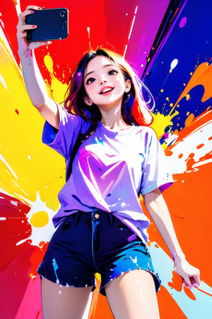 young girl, adolescent, energetic, joyous, selfie, taking selfie, phone camera app, outline, angle downwards, v shape hand pose, cute, adorable, sexy, suggestive outfit, paint splash background, vibrant paint, high contrast, abstract, volumetric light, high quality, detailed, masterpiece