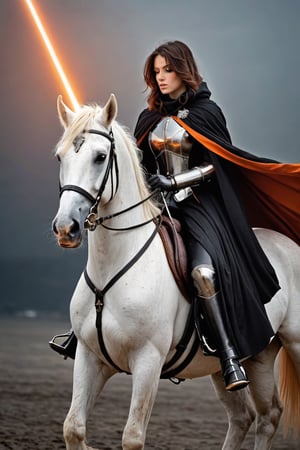 1 beautiful woman,  faded elegance, mournful atmosphere,  beauty, melancholy aura, hauntingly captivating, stark contrast, delicate decay, line art, backlighting, wind, backlighting, Stardust,(Wind:1.2) , black cloak, sword knight riding a white horse, Orange Blood
,Contained Color,anica_teddy,photo r3al