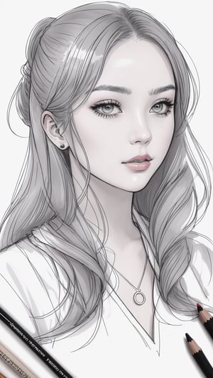 Woman, b/w outline art, full white, white background, coloring style, Sketch style, Sketch drawing,JeeSoo 