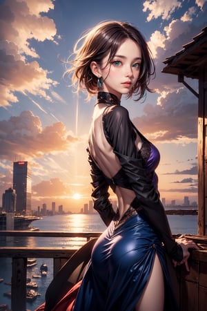 1boy, anime, looking at the sky, sunset, outdoor dark red and blue and purple sky, messy hair, dynamic angle, boy back to the viewer,SGBB,asian girl