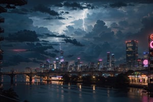 cyberpunk city, neon lights, buildings, scenery, cityscape, river, pedestrians, outdoor bars. Night scene, ultra realistic, highly detailed,black clouds,city silhouette,There is a lot of lightning everywhere in the city,10 lightning bolts,heavy rain