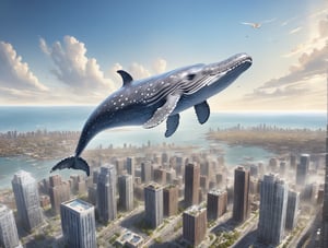 gray whale flying in the sky flying in the sky, gray whale flying in the sky flying over a city skyline full of buildings, epic daylight, solo, dynamic angle,