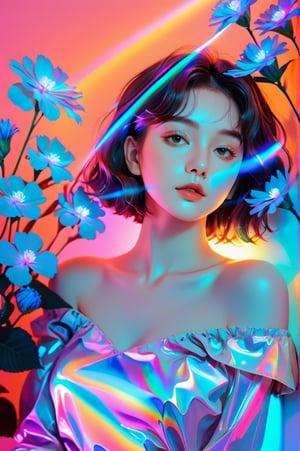 portrait, 1 girl, solo, short wavy hair, flowing neon, colored holographic floral background, holographic, iridescent, vaporwave, fluid, flowers, lying from the front point pose, high fashion, realistic,Flat vector art,xxmix_girl