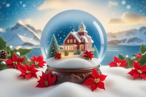 super fine illustration,masterpiece, best quality, finely detail, Depth of field, 4k, heavy snow christmas island in globe, ((heavy snow1.4)), red and white colors based, wallpaper,bluesky,wind,insanely detailed frills,extremely detailed lace,BLUE SKY,There are many scattered luminous petals,Hidden in the light yellow flowers,Depth of field, Many flying drops of water, angle ,contour deepening,cinematic angle ,{{{Classic decorative border}}},photo r3al,poinsettia,lofi,((1.2)),{{Hexagonal snow1.2}},free-hand, christmas gift boxes,DonMSn0wM4g1cXL,A girl dancing 