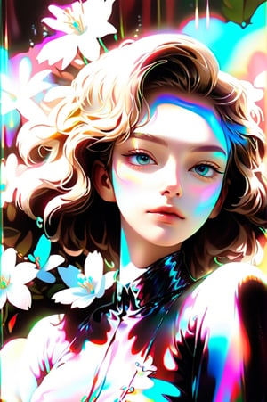 portrait, 1 girl, solo, short wavy hair, flowing neon, colored holographic floral background, holographic, iridescent, vaporwave, fluid, flowers, lying from the front point pose, high fashion, realistic,Flat vector art,xxmix_girl,kwon-nara-xl,Vector illustration,Illustration,long blonde hair,xxmixgirl,REAL GIRL beta,wonder beauty ,