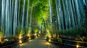 (best quality,masterpiece:1.2),super ultra detailed,(photo realistic:1.4),(at night:1.3),bamboo_grove_background,EpicArt,Nice legs and hot body,ultra sharpness,moon light,swampland,waterway and ferry,only bamboo,firefliesfireflies