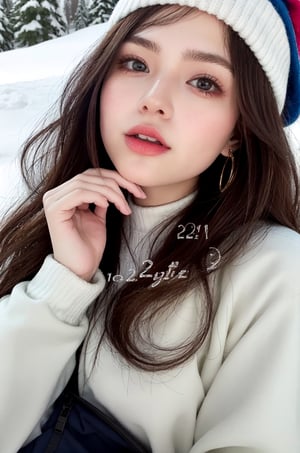  ((22year old girl:1.5)), ,1girl, beauty girl,  whole body,  balanced body, beautiful shining body, bangs,((darkbrown hair:1.3)),high eyes,(aquamarine eyes), petite,tall eyes, beautiful girl with fine details, Beautiful and delicate eyes, detailed face, Beautiful eyes,natural light,((realism: 1.2 )), dynamic far view shot,cinematic lighting, perfect composition, by sumic.mic, ultra detailed, official art, masterpiece, (best quality:1.3), reflections, extremely detailed cg unity 8k wallpaper, detailed background, masterpiece, best quality , (masterpiece), (best quality:1.4), (ultra highres:1.2), (hyperrealistic:1.4), (photorealistic:1.2), best quality, high quality, highres, detail enhancement,(ski slope1.2),beanie, one snowboard, ((Snowboarding 1.3)), winter blue sky, snowboarding wear, bouncing hair,santa hat, chrismas mood,jumping,Snow is scattered by being pushed by a snowboard,Japanese girl