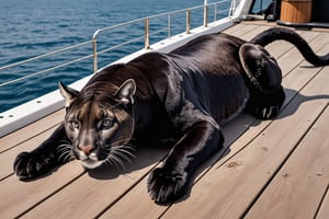 A black cougar wearing a harness is lying face down on the deck of a large yacht.
(((Perfectly black puma: 2.0))), 


best quality, masterpiece, photorealistic,  highres, Ultra-detailed, ultra-realistic, ultra-clear, very Distant view.,Ivi