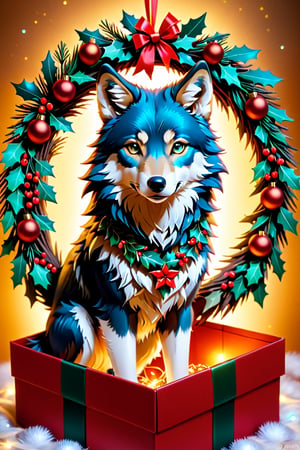 a wolf wearing Christmas wreath,Apoloniasxmasbox,xxmix_girl
