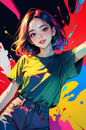 young girl, adolescent, energetic, joyous, selfie, taking selfie, phone camera app, outline, angle downwards, v shape hand pose, cute, adorable, sexy, suggestive outfit, paint splash background, vibrant paint, high contrast, abstract, volumetric light, high quality, detailed, masterpiece,girl,xxmix_girl