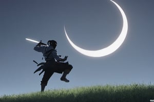 ((Silhouette1.8)). it's too dark, ((One swordsman and masked About 10 assassins:1.8, crescent moon, grass. Two swordsmen are fighting among the long grass in a meadow with a crescent moon as thin as an eyebrow on a very pitch-black night in all directions1.8)). ((A swordsman flies into the air, wraps his hands around the handle of his sword, and makes a 45-degree downward slash motion. Another swordsman is making an urgent move to block the sword of another swordsman coming down1.5)). jump up and slash the sword. About 10 Assassins surround them.
There is a bit of fog around, reflecting the blue light of the black crescent moon of the swordsman striking, showing even more urgency.
Silhouette, distant view, 8K, gloomy, solemn, urgent, scary, speed, birds flying away in surprise,Sketch