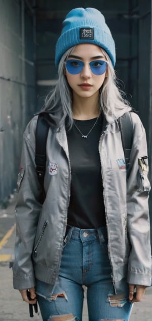 Cute female  cyberpunk hacker with blue colored glasses, in a jacket with a Beanie long grey hair half teeshirt ripped jeanscyberpunk 2077 poster art