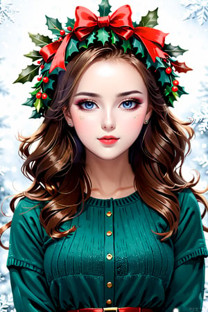 a beauty girl wearing Christmas wreath